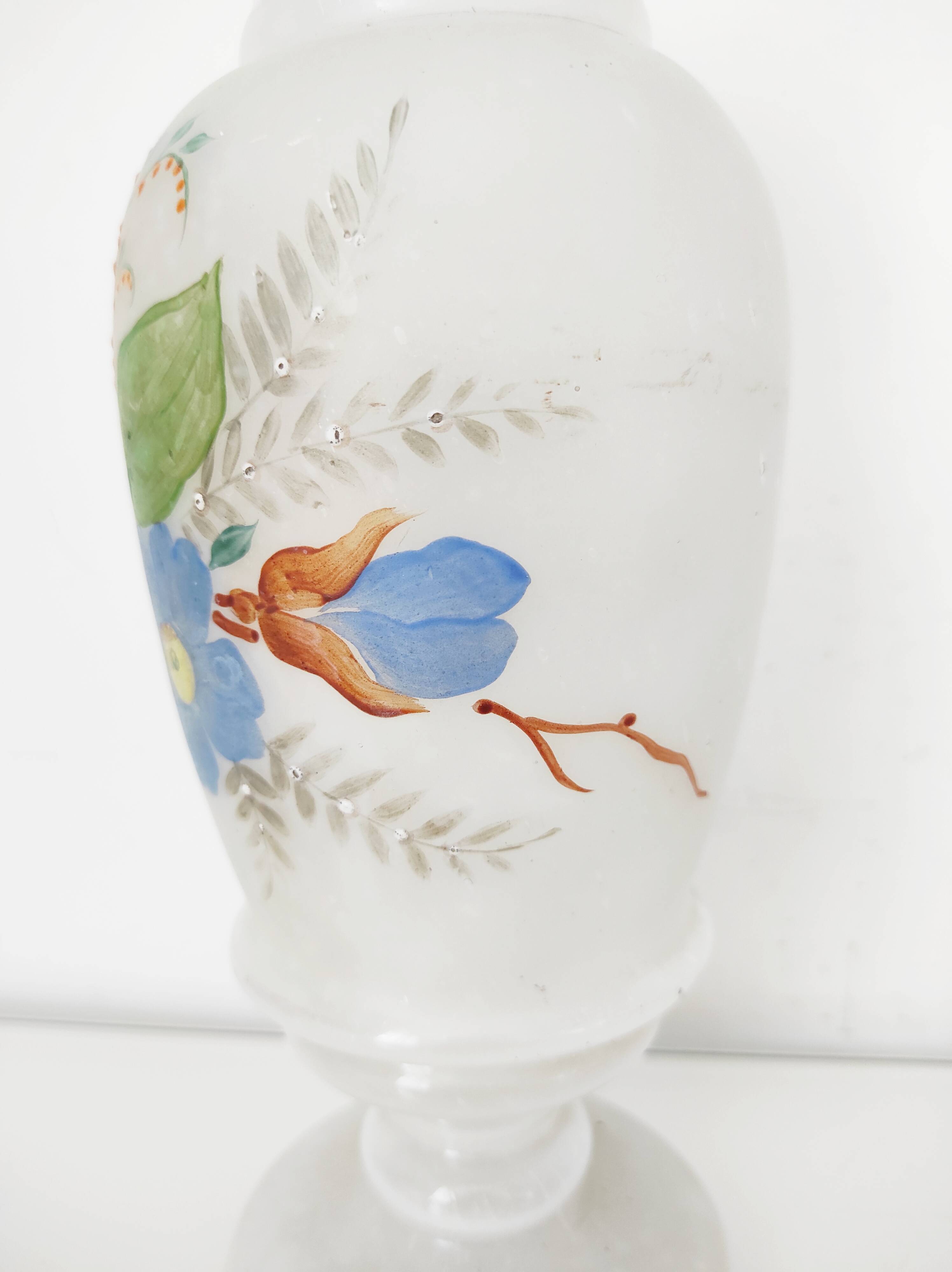 Opaline glass vase with hand-painted flowers, 1900