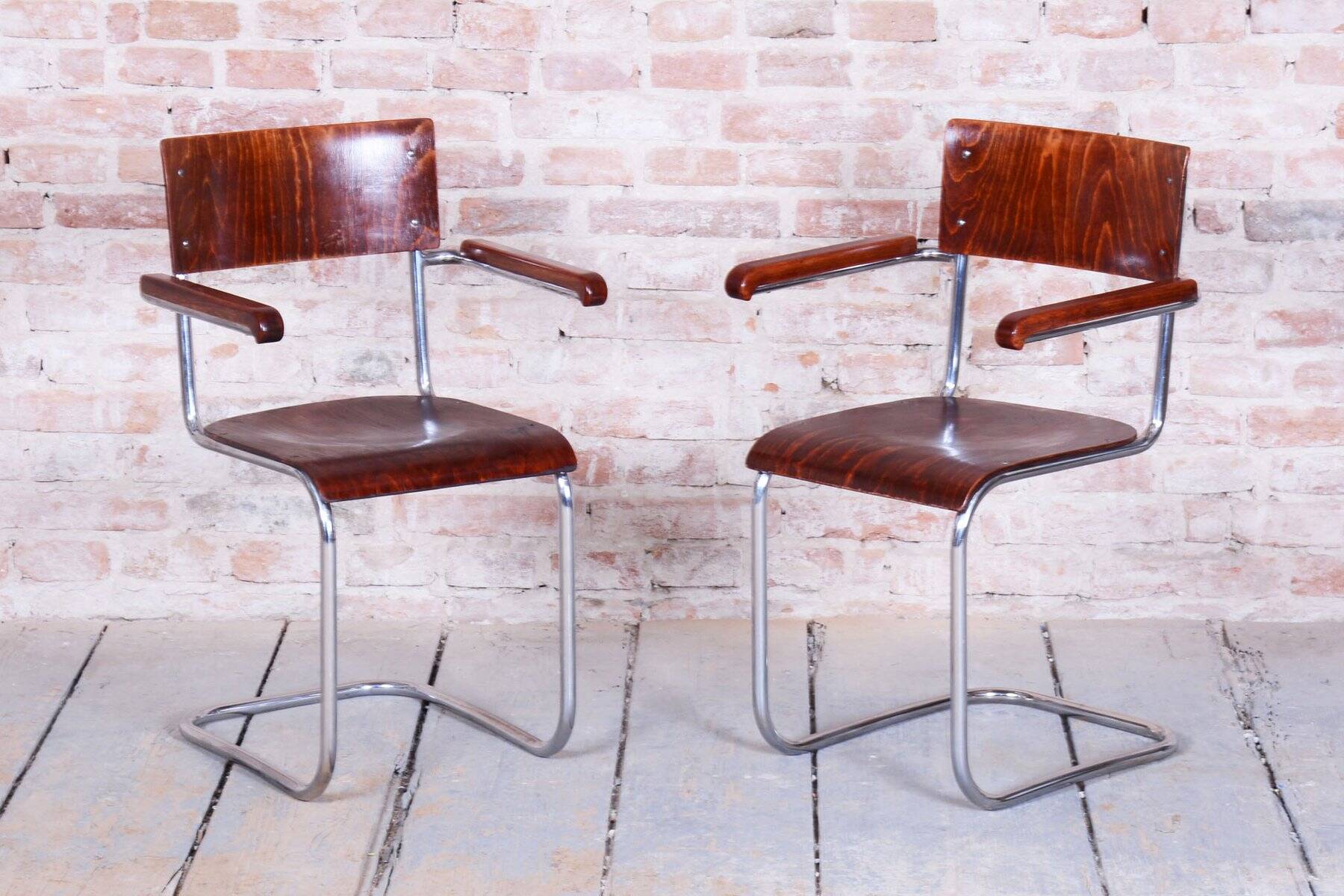Set of Vintage Bauhaus Chairs in Chrome and Plywood by Mart Stam, 1930s