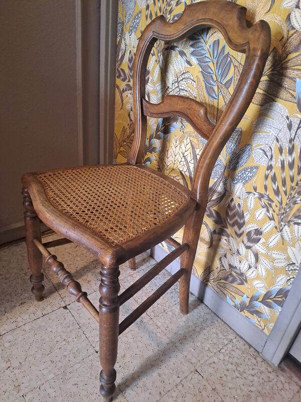 Paire de Chaises Bistrot bois blond 1950 avec assise en cannage