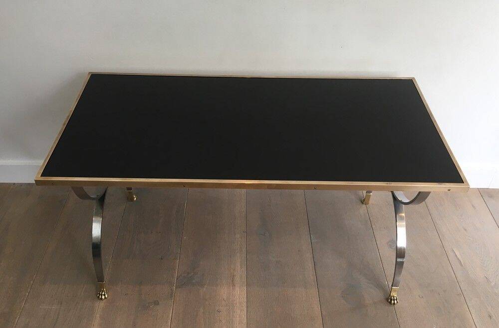 Coffee table in brushed steel and brass. Maison Jansen