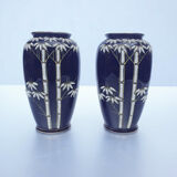 Pair of small vases decorated with Bamboo on a blue background