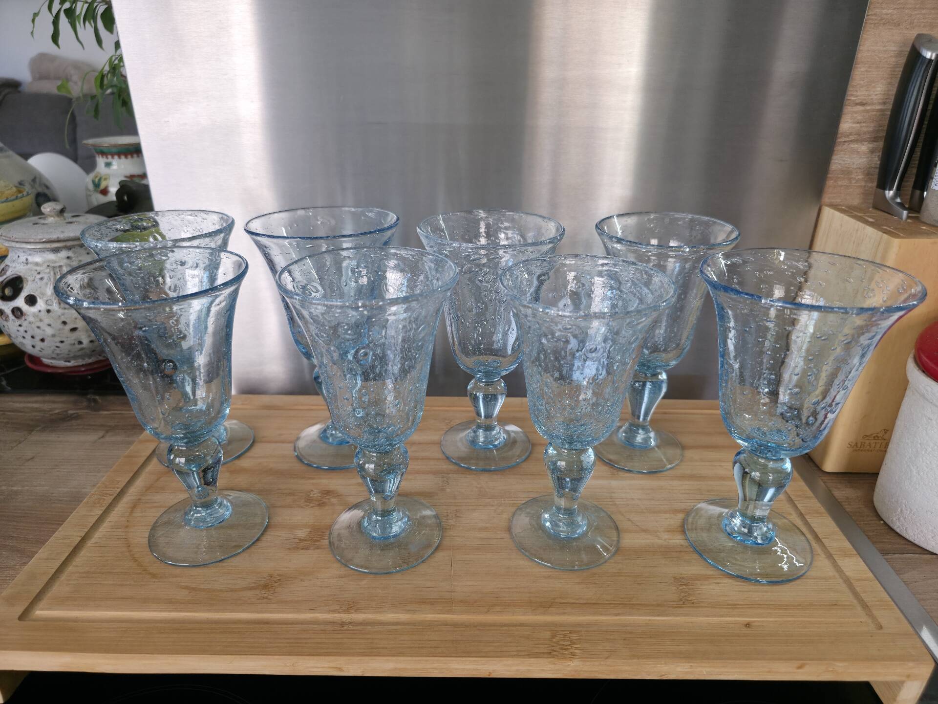 8 large blown glass goblets with bubbles from Biot – Blue signed