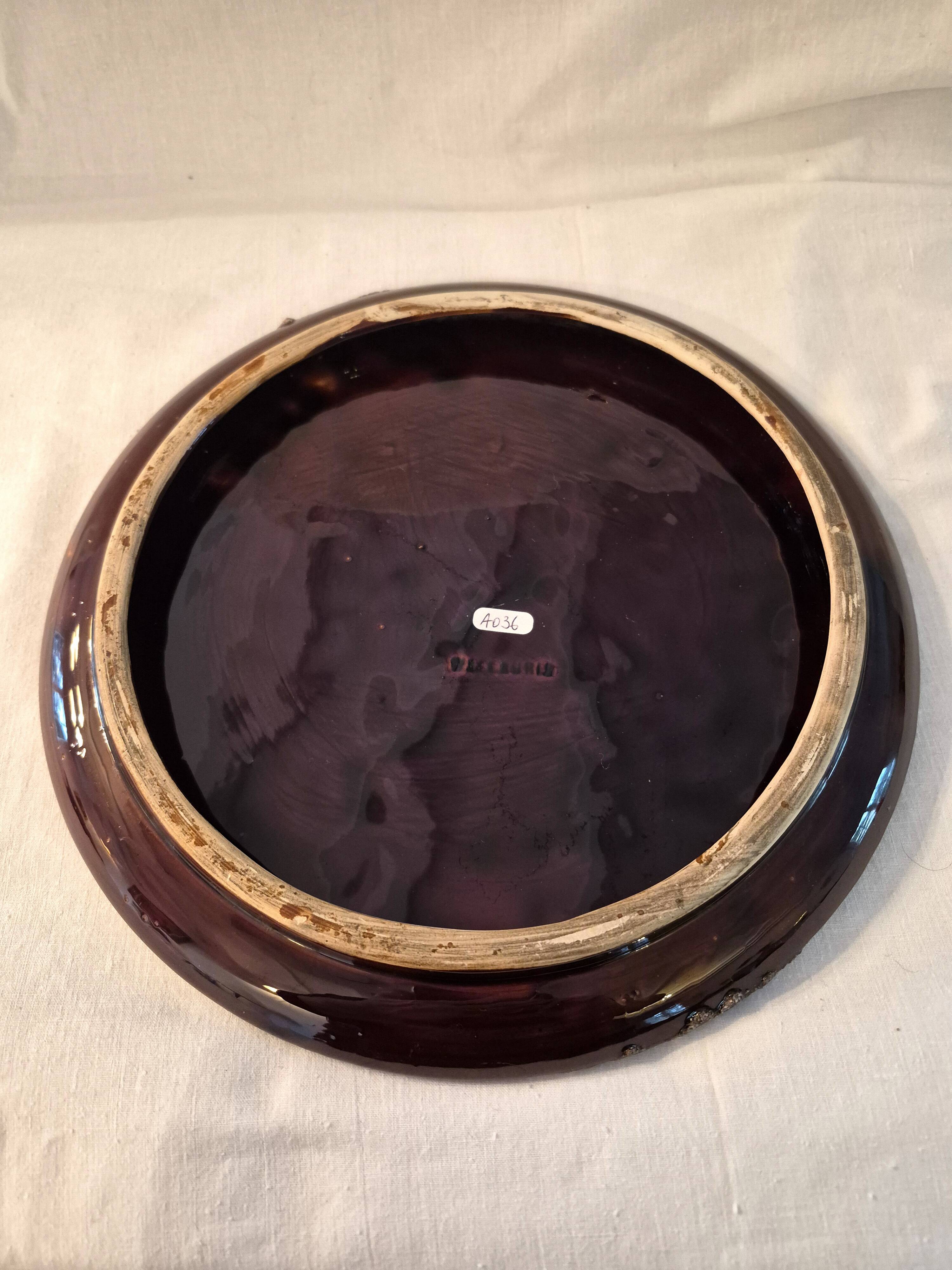 Round plate Vallauris glazed ceramic in brown and orange and Fat Lava A036
