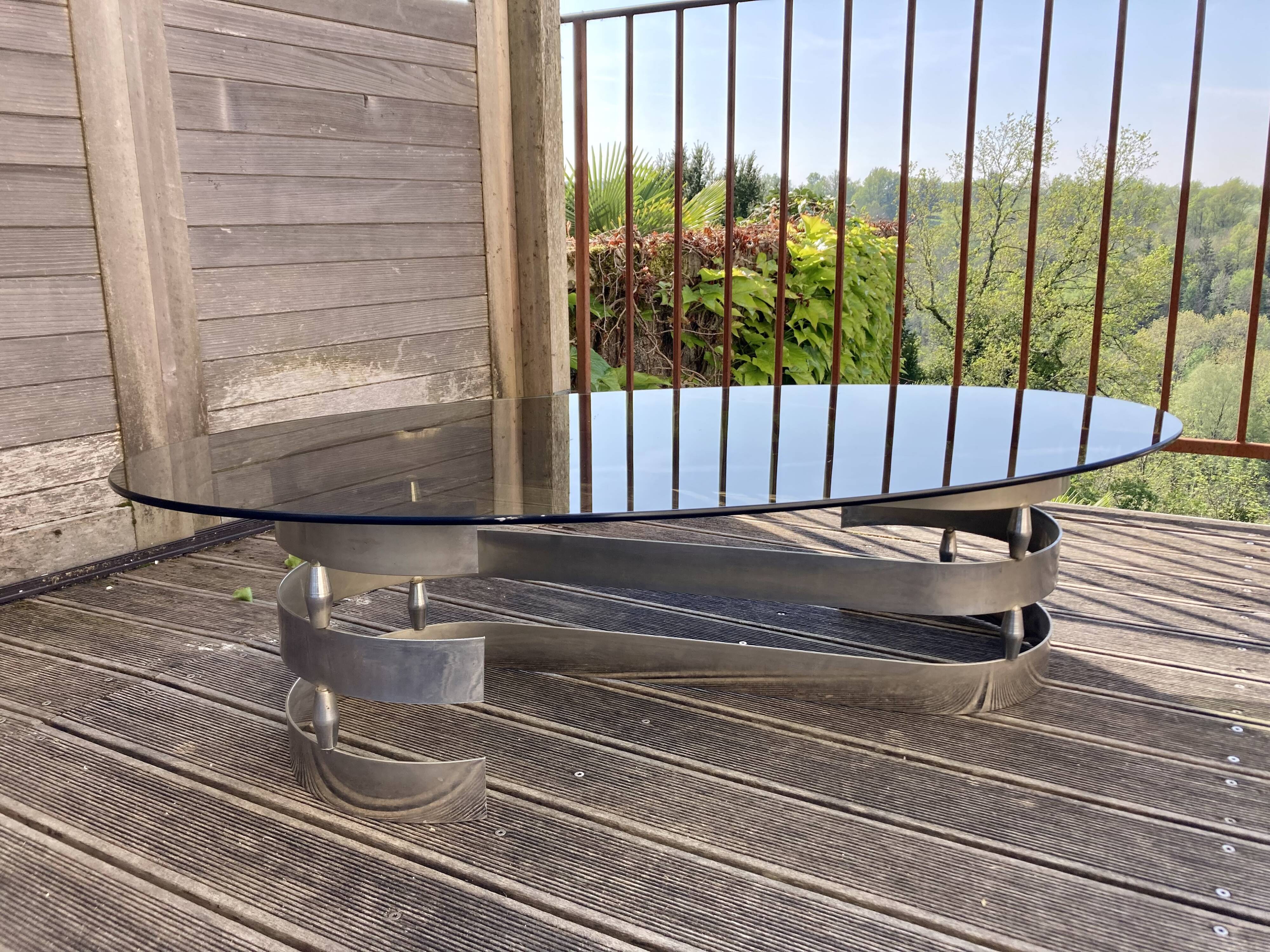 Vintage chrome metal coffee table and smoked glass