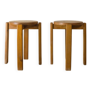 Paire de tabourets vintage en pin massif, années 1970