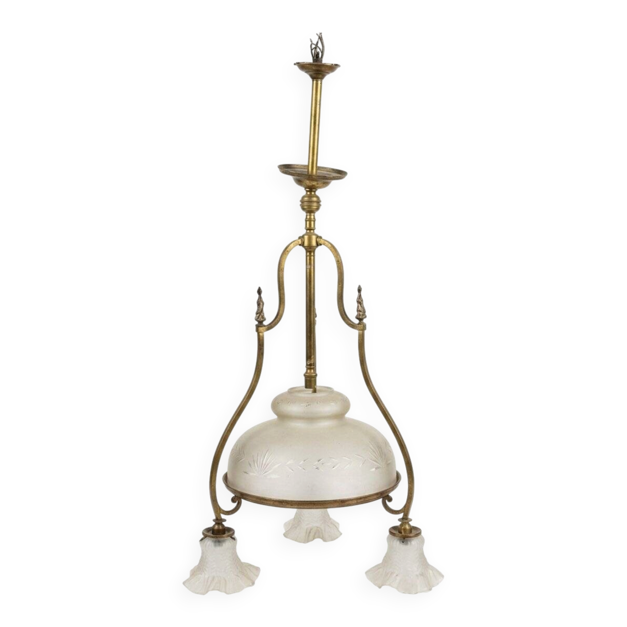 Antique brass chandelier with 3 lights and frosted glass shades.