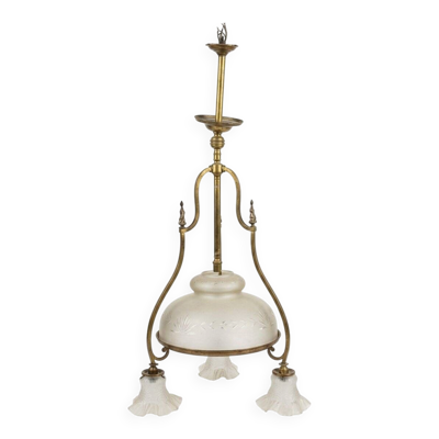 Lustre ancien laiton 3 lumieres vasques verre depoli grave