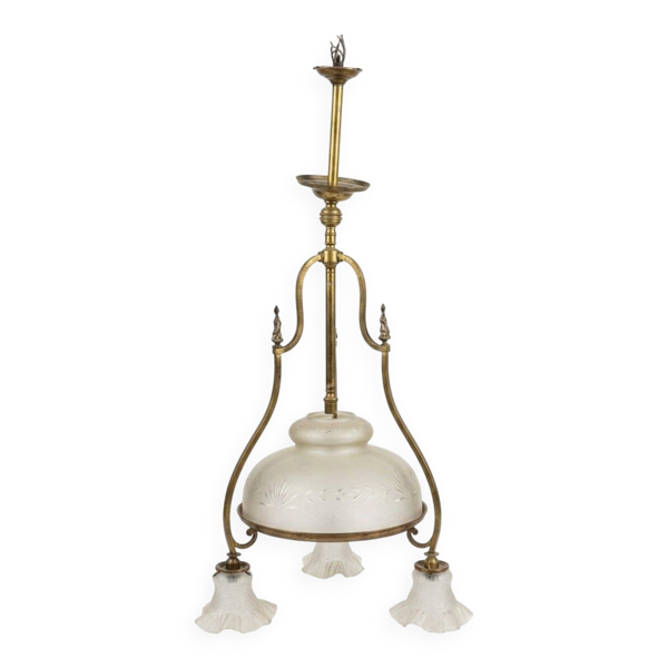 Lustre ancien laiton 3 lumieres vasques verre depoli grave — Beyit
