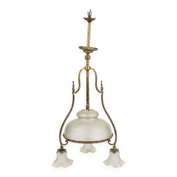 Antique brass chandelier with 3 lights and frosted glass shades.