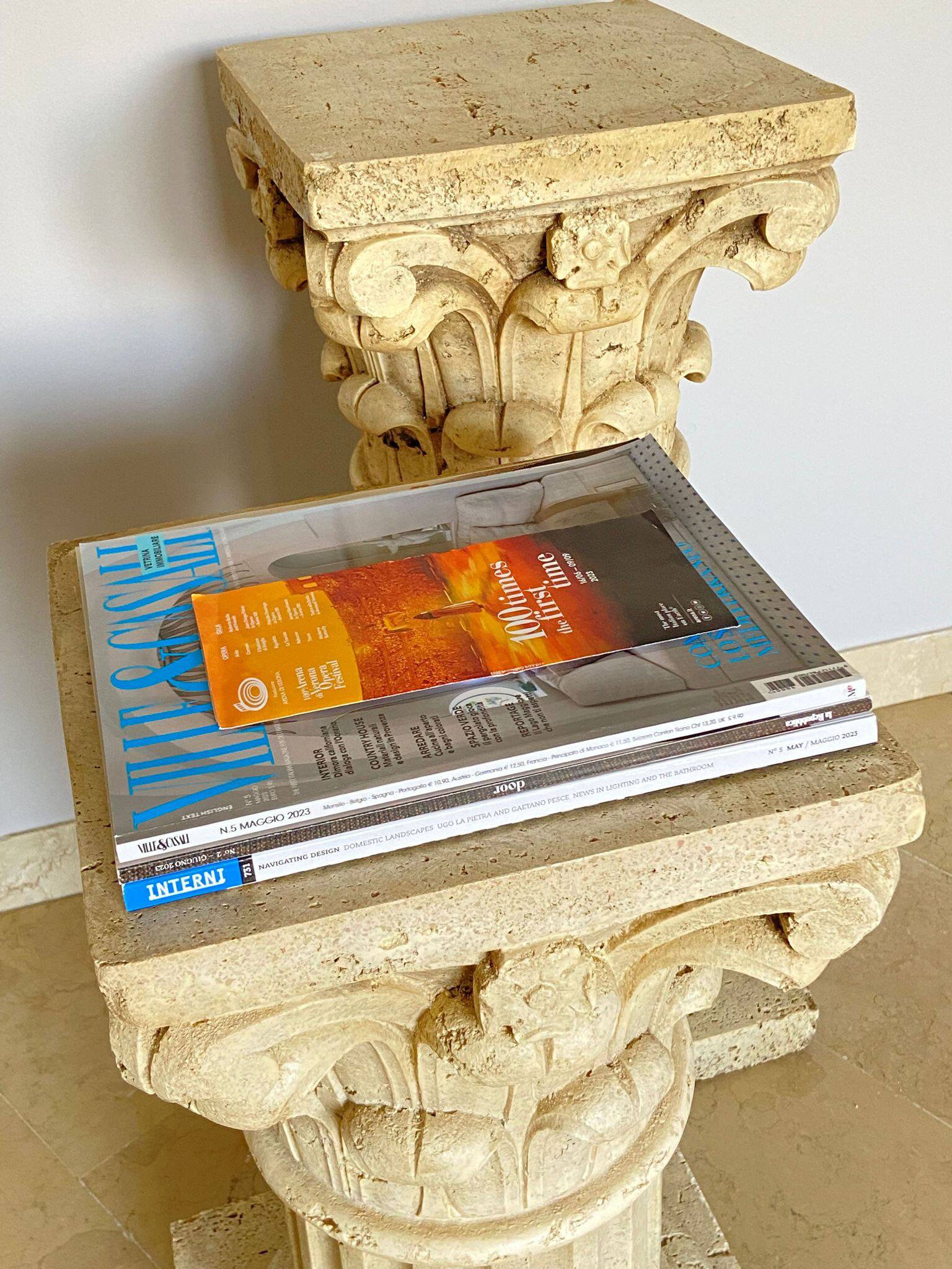 Pair of columns, corinthian style capitals in travertine, italy 1940s
