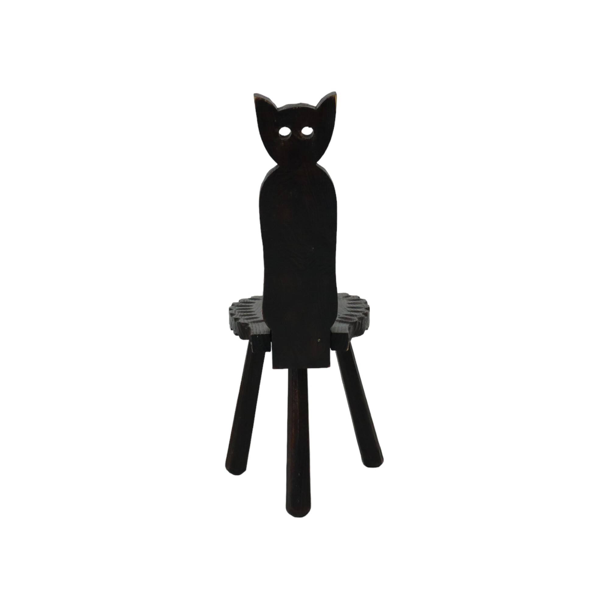 Authentic Spanish Brutalist Chair Tripod Cat Shape Solid Wood