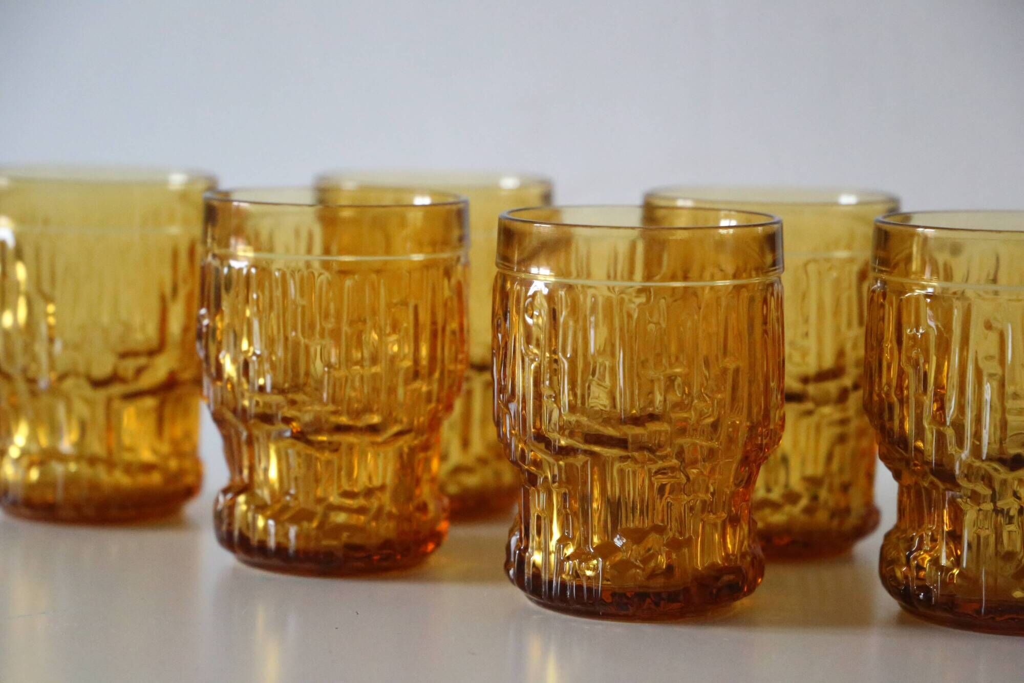 Set of 6 amber glasses, frosted effect, vintage French