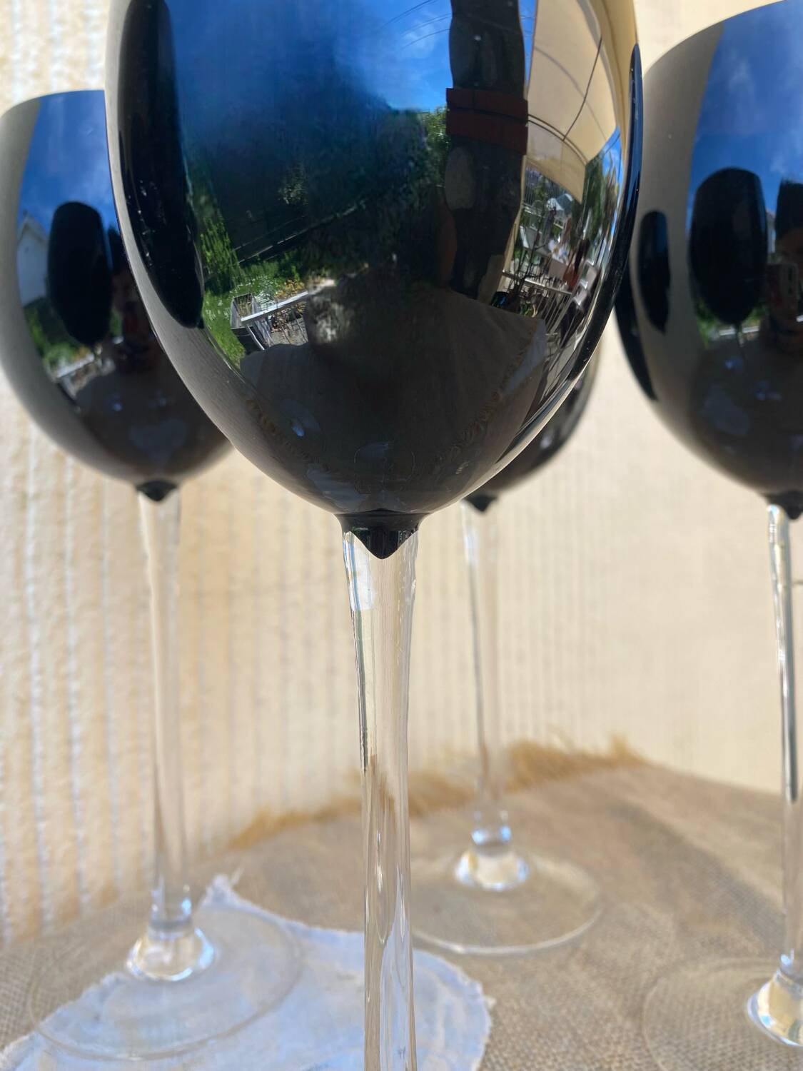 Footed glasses in blown purple bubble glass, Murano style.