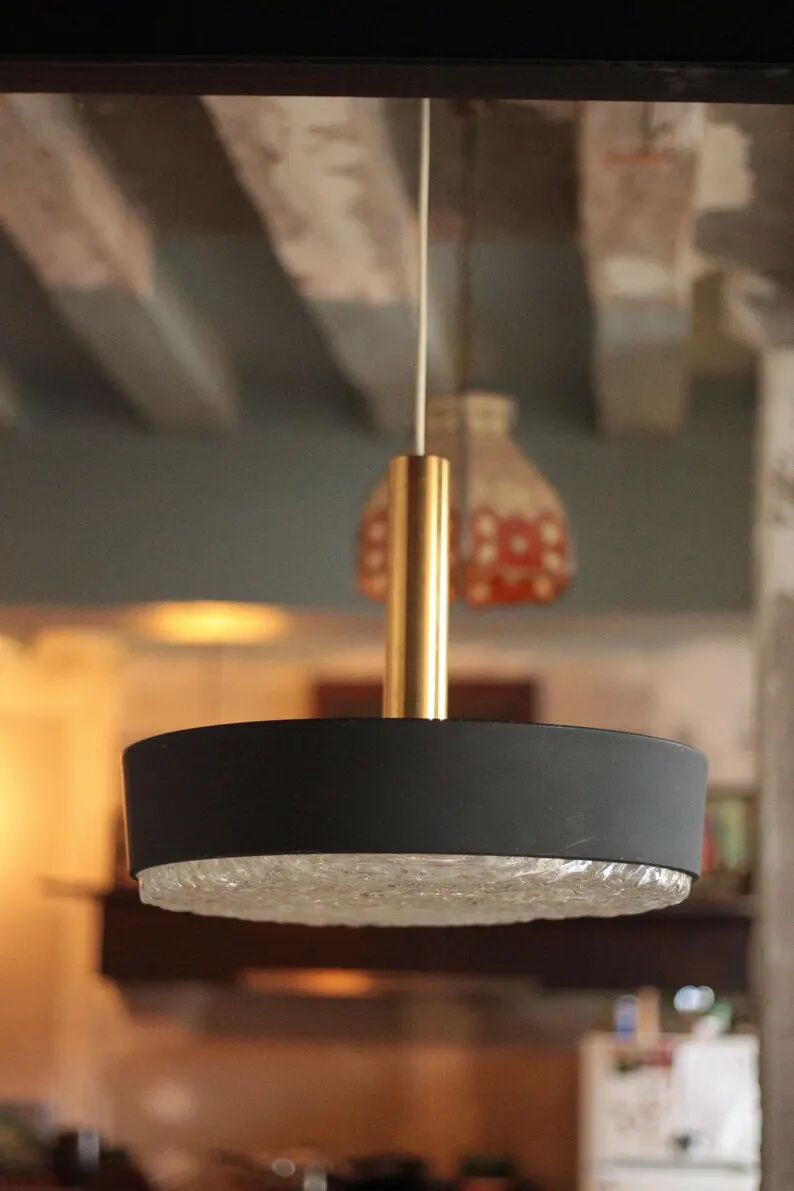 Jean Gandelin suspension in black lacquered sheet metal, white metal, brass, and diffuser in Cristalux/etched Plexiglas.