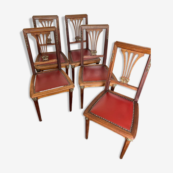 Lot de 5 chaises anciennes bois et similicuir rouge
