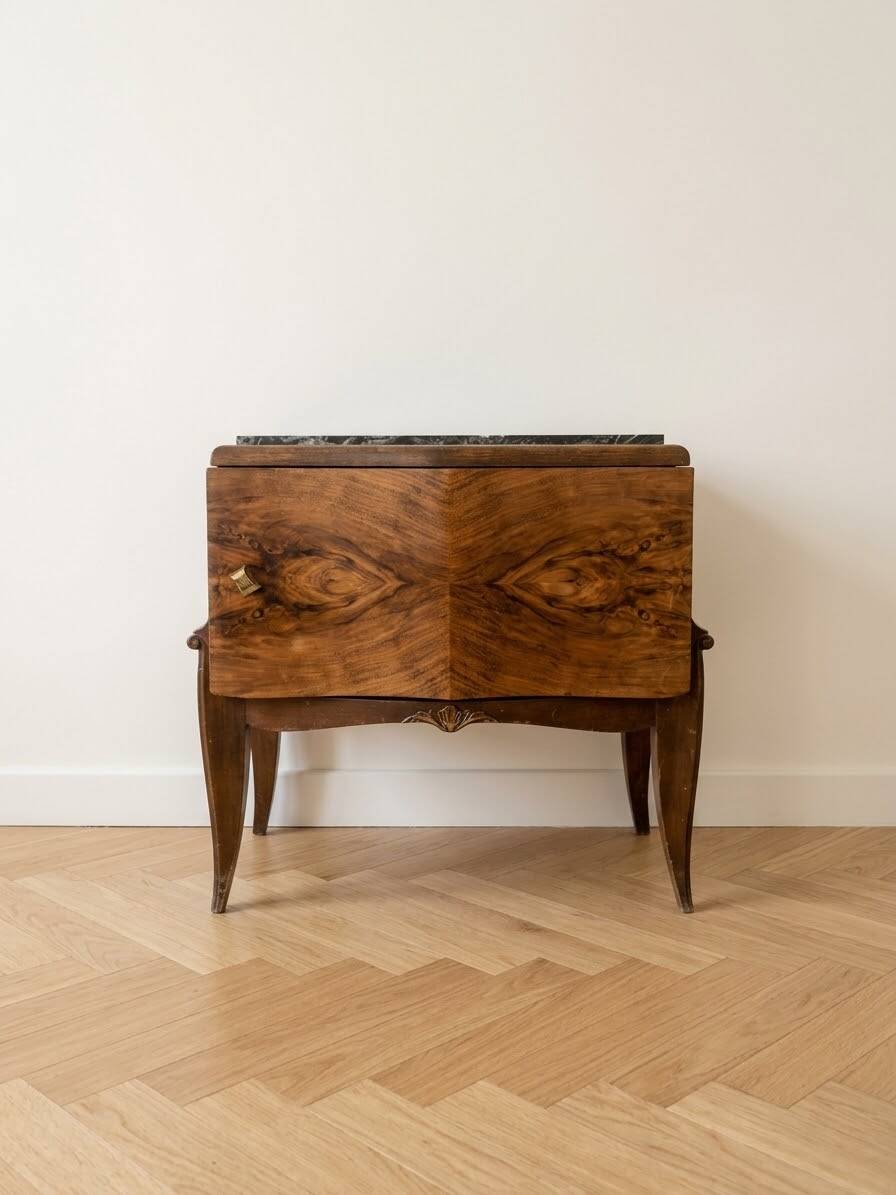 Art Deco bedside table in wood with a marble top.