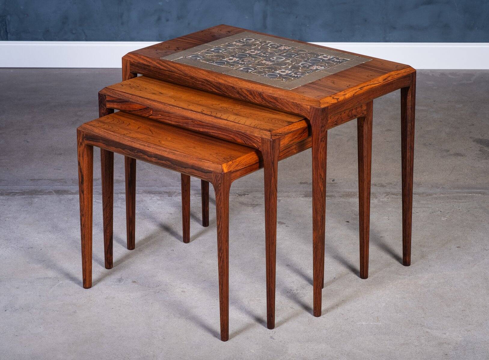 Nest Tables in Rosewood with Tiles by Johannes Andersen for CFC Silkeborg, Denmark, 1960s, Set of 3