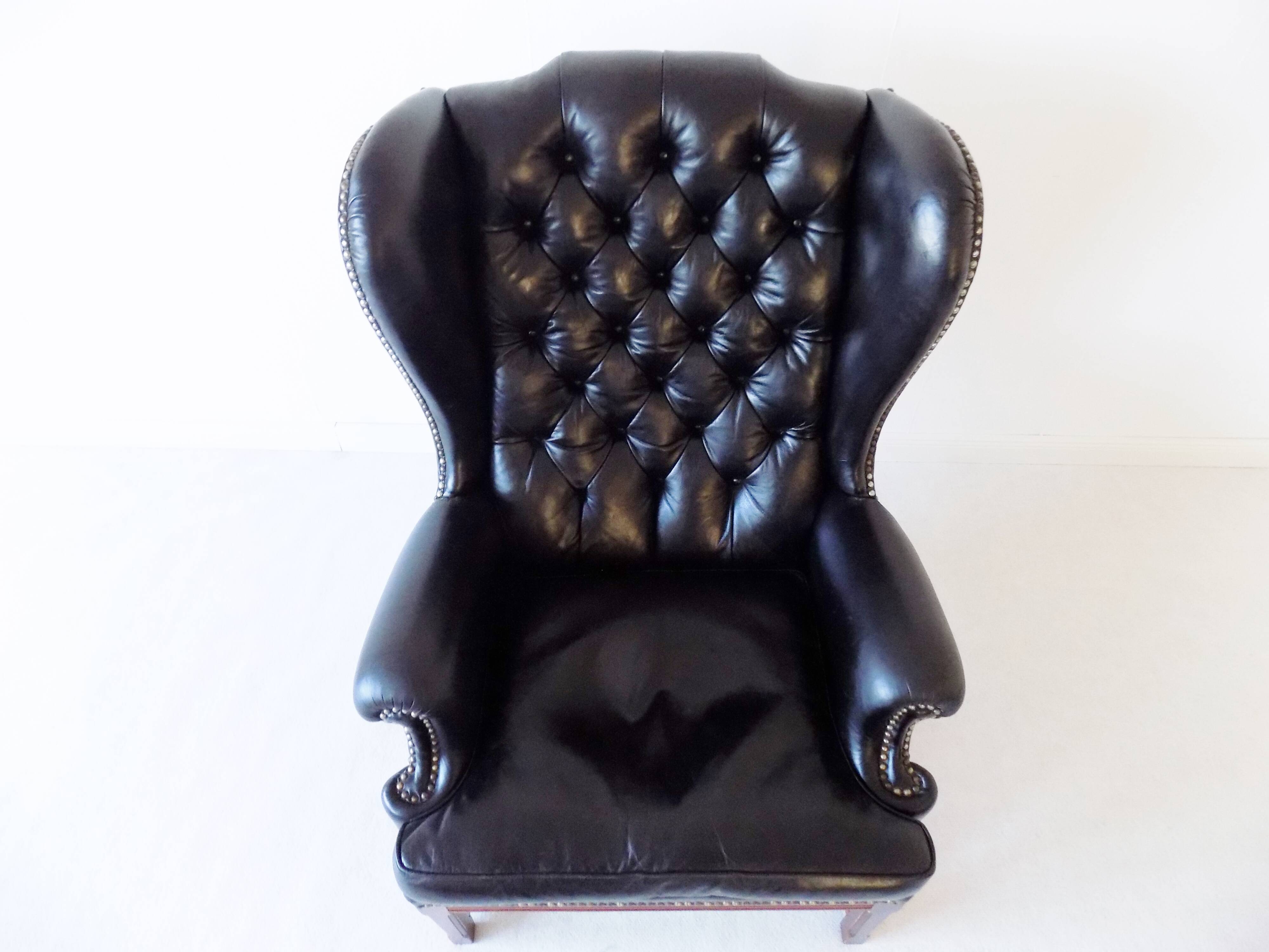 Chesterfield high back leather armchair black from the 1960s