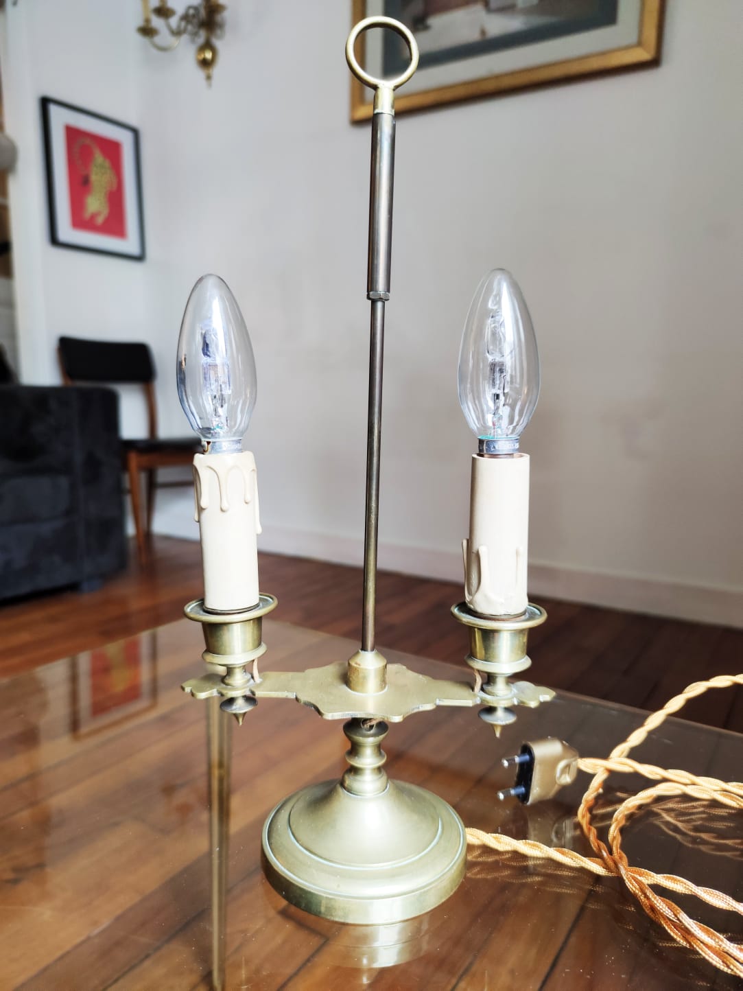 Bouillotte lamp with two lights in gilded bronze