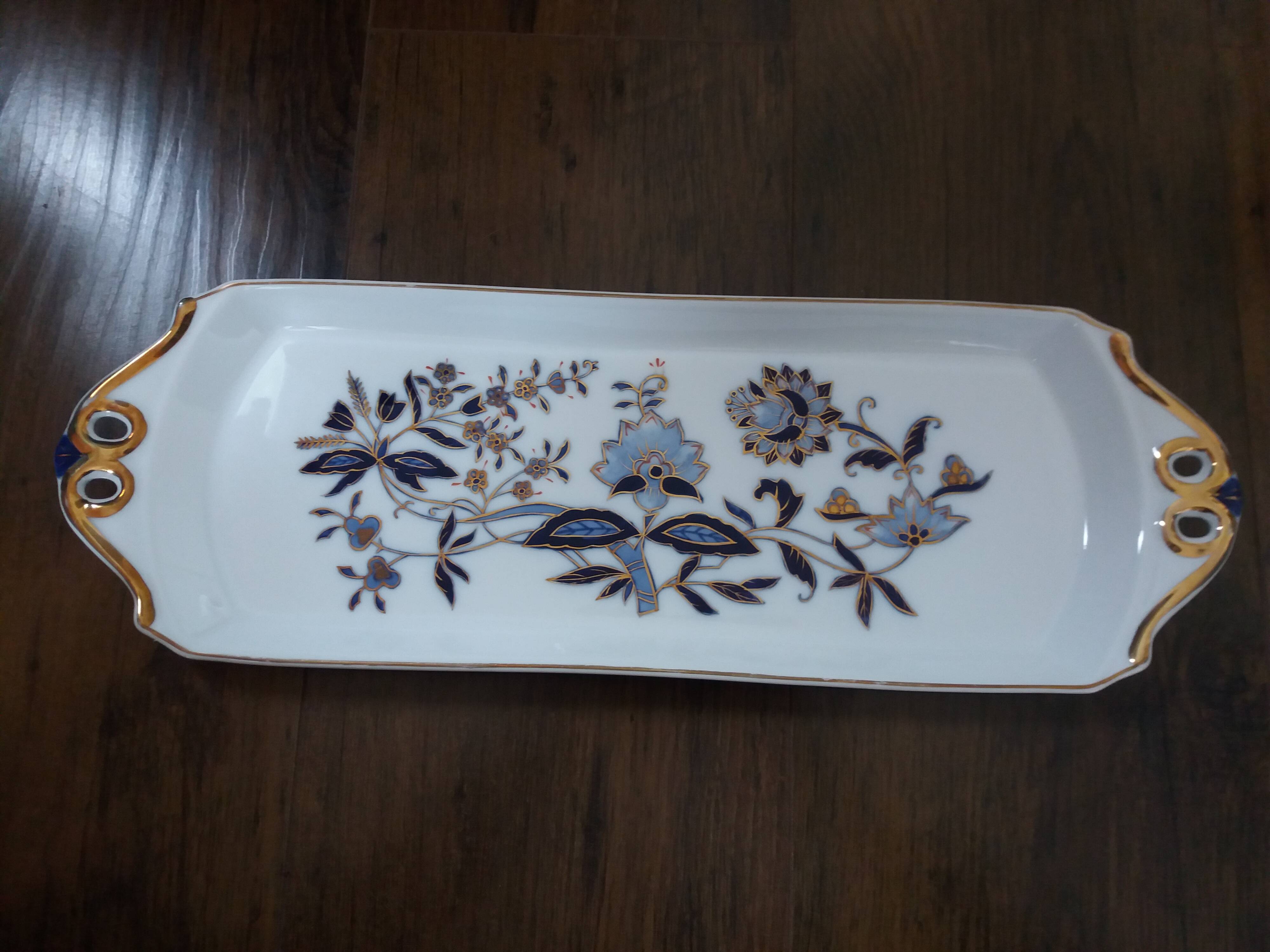 Victoria rectangular tray, hand-painted blue and gold porcelain decoration