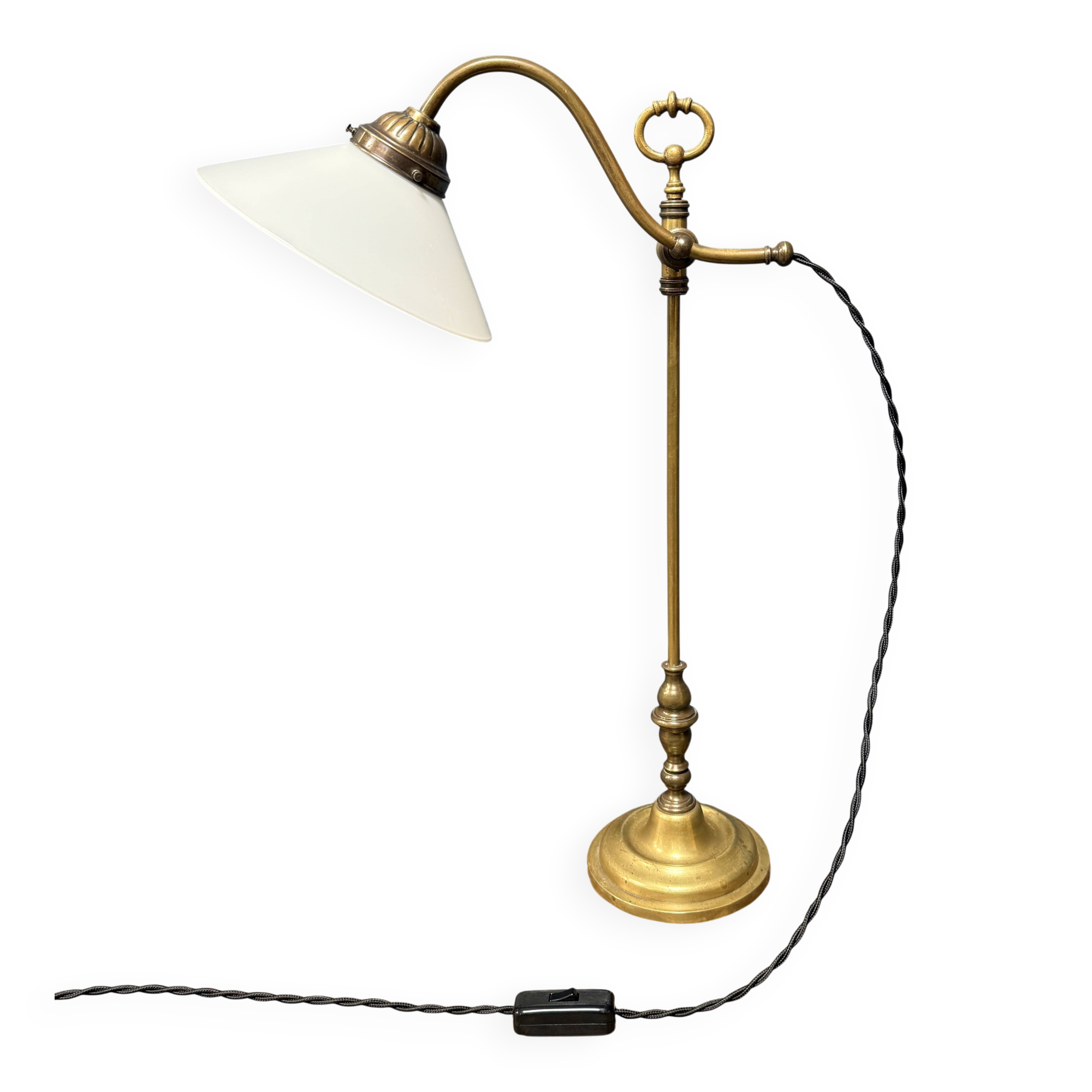 Adjustable brass table lamp with opaline glass shade