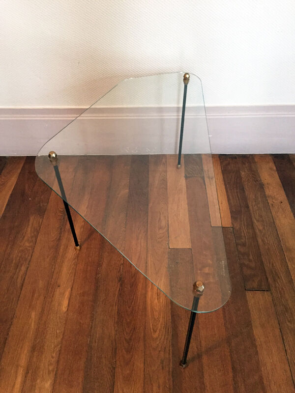 Table basse tripode verre et métal, années 50