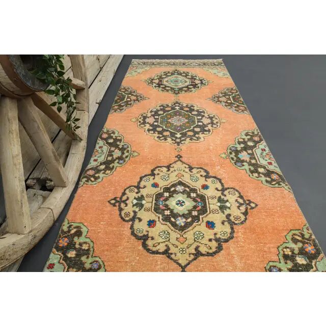 1970s Turkish Oushak Handmade Wool Cotton Orange Runner 98x378