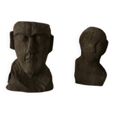 Pair of primitive carved wooden heads rustic folk art