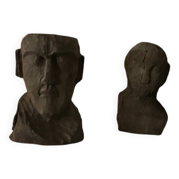 Pair of primitive carved wooden heads rustic folk art