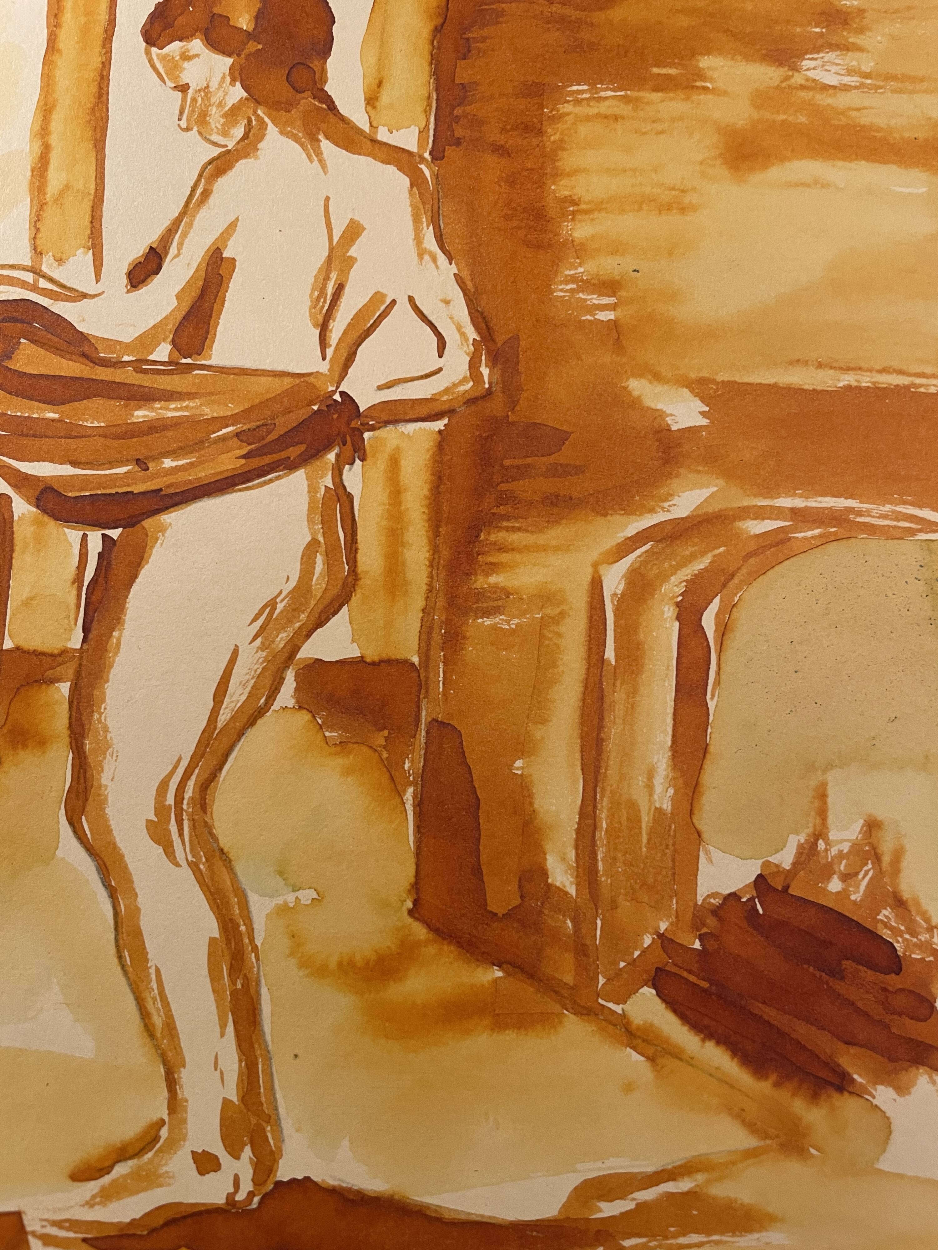 Red chalk watercolor portrait of a woman "study of coming out of the bath"