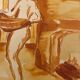 Red chalk watercolor portrait of a woman "study of coming out of the bath"