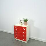 Vintage ladekast met rood roze kunststof lades 1970