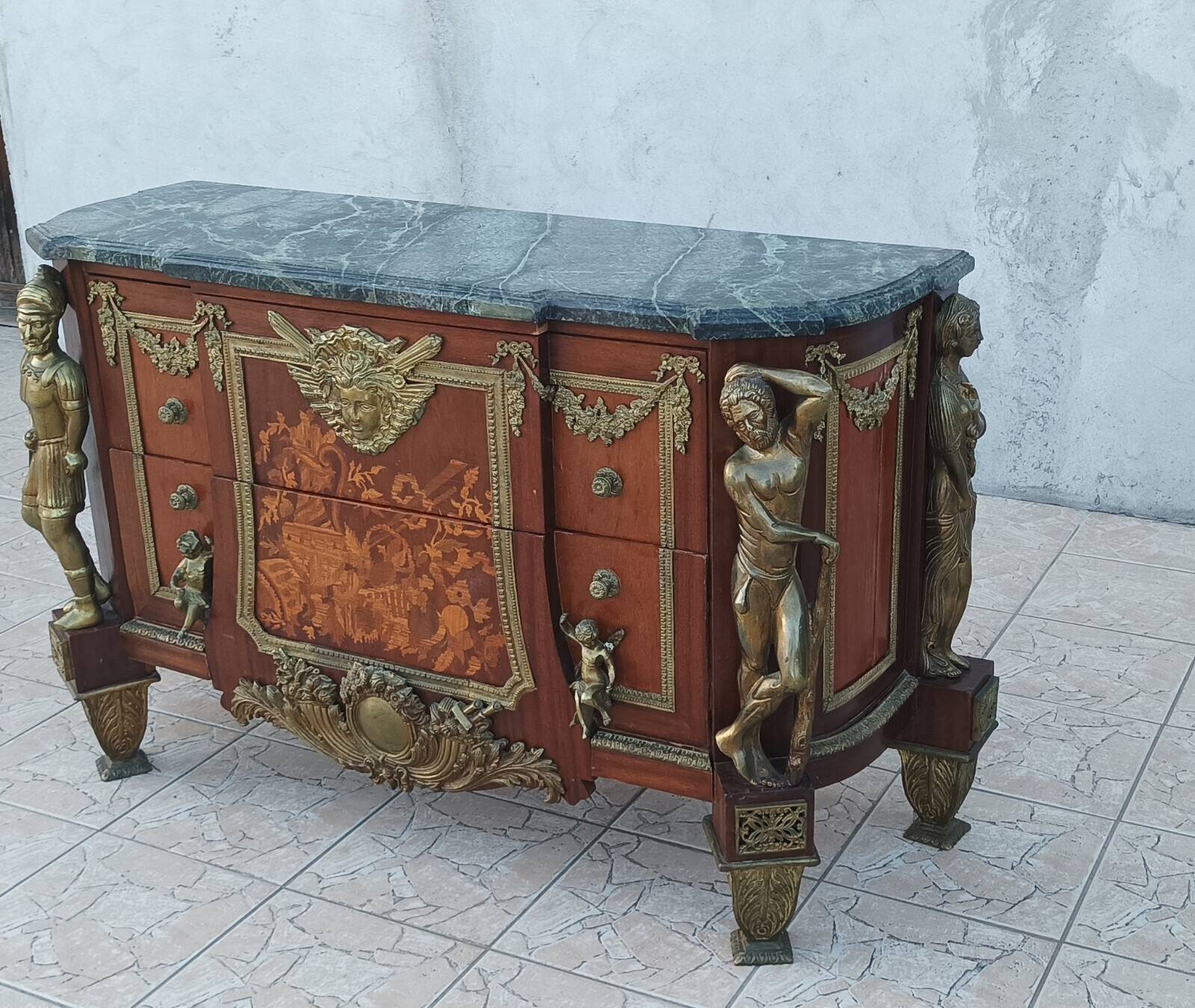 Louis XVI style commode in beech, bronze and marble.