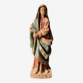Sculpture Vierge Marie ancienne en bois polychrome, 18eme