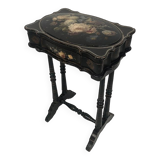 Small table with Napoleon III work, wood and boiled cardboard decorated with flowers painted with flowers