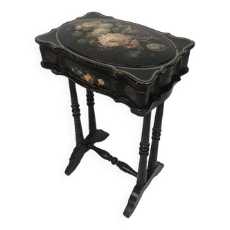 Small table with Napoleon III work, wood and boiled cardboard decorated with flowers painted with flowers