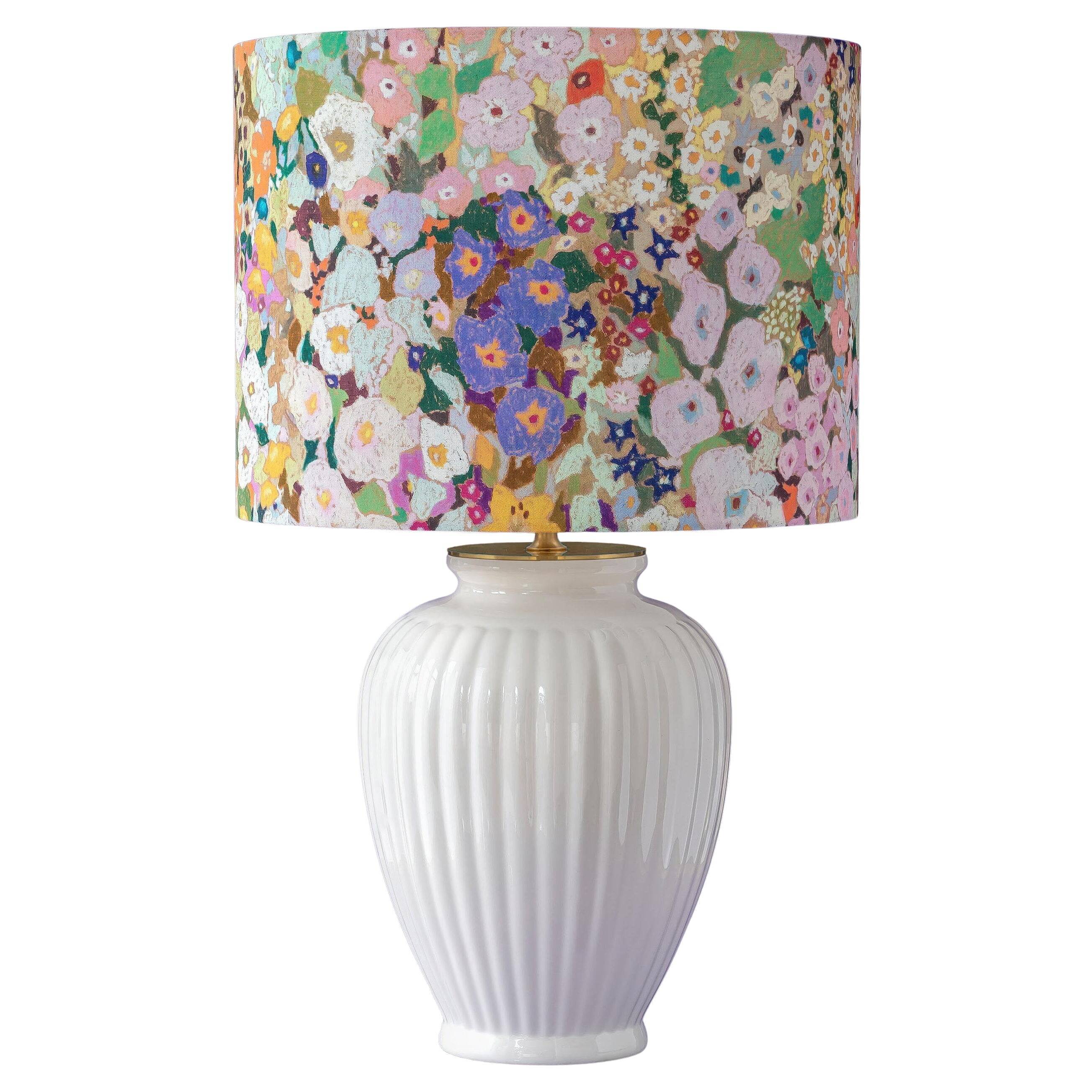 Large floral maximalist table lamp with a Delft ceramic base and new lampshade.
