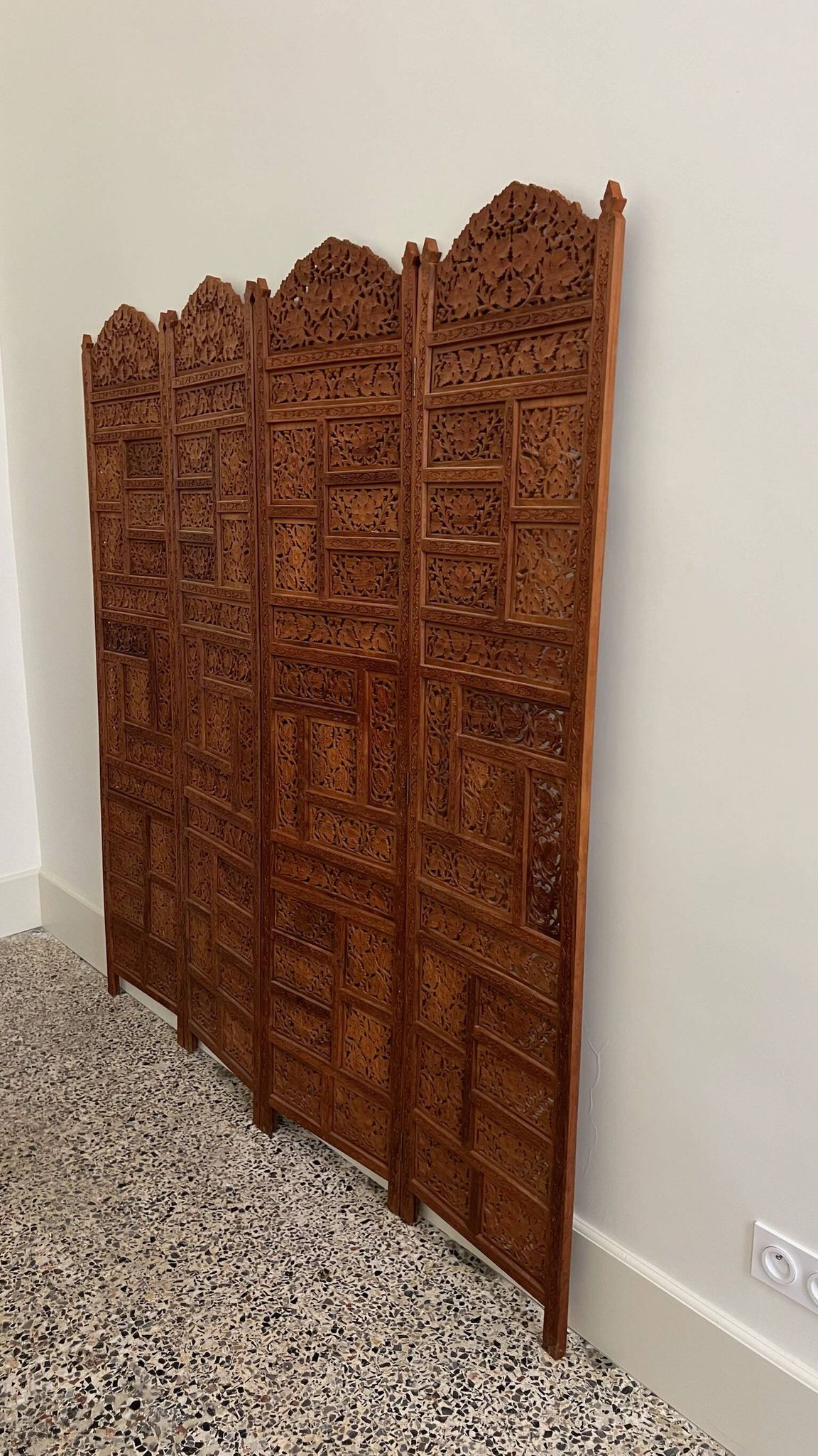 Vintage Asian carved teak screen — mid-20th century