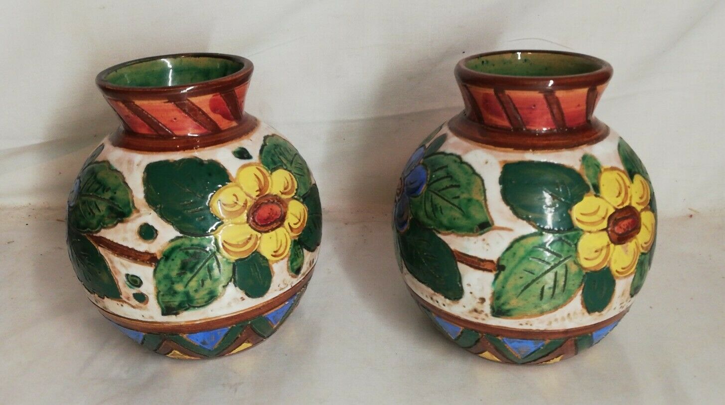 Pair of ceramic vase signed Italy 1954 b, vintage, decoration, flower