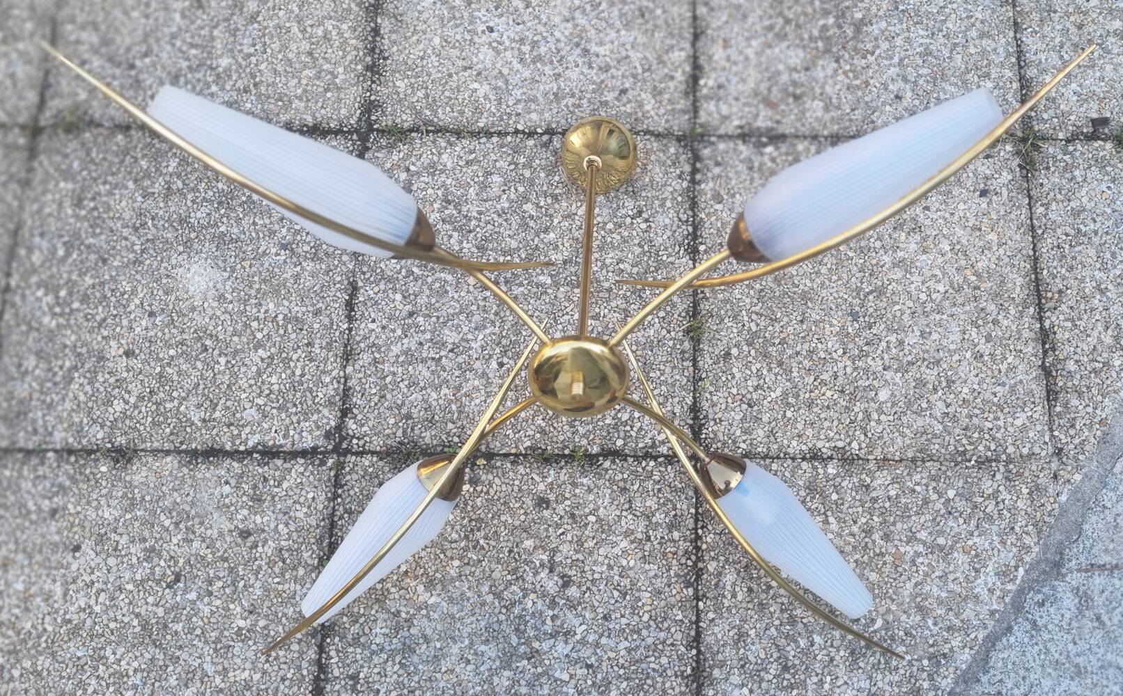 4-light pendant light, brass and opaline, Maison Lunel, Paris, vintage 1950s