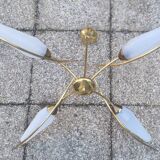 4-light pendant light, brass and opaline, Maison Lunel, Paris, vintage 1950s