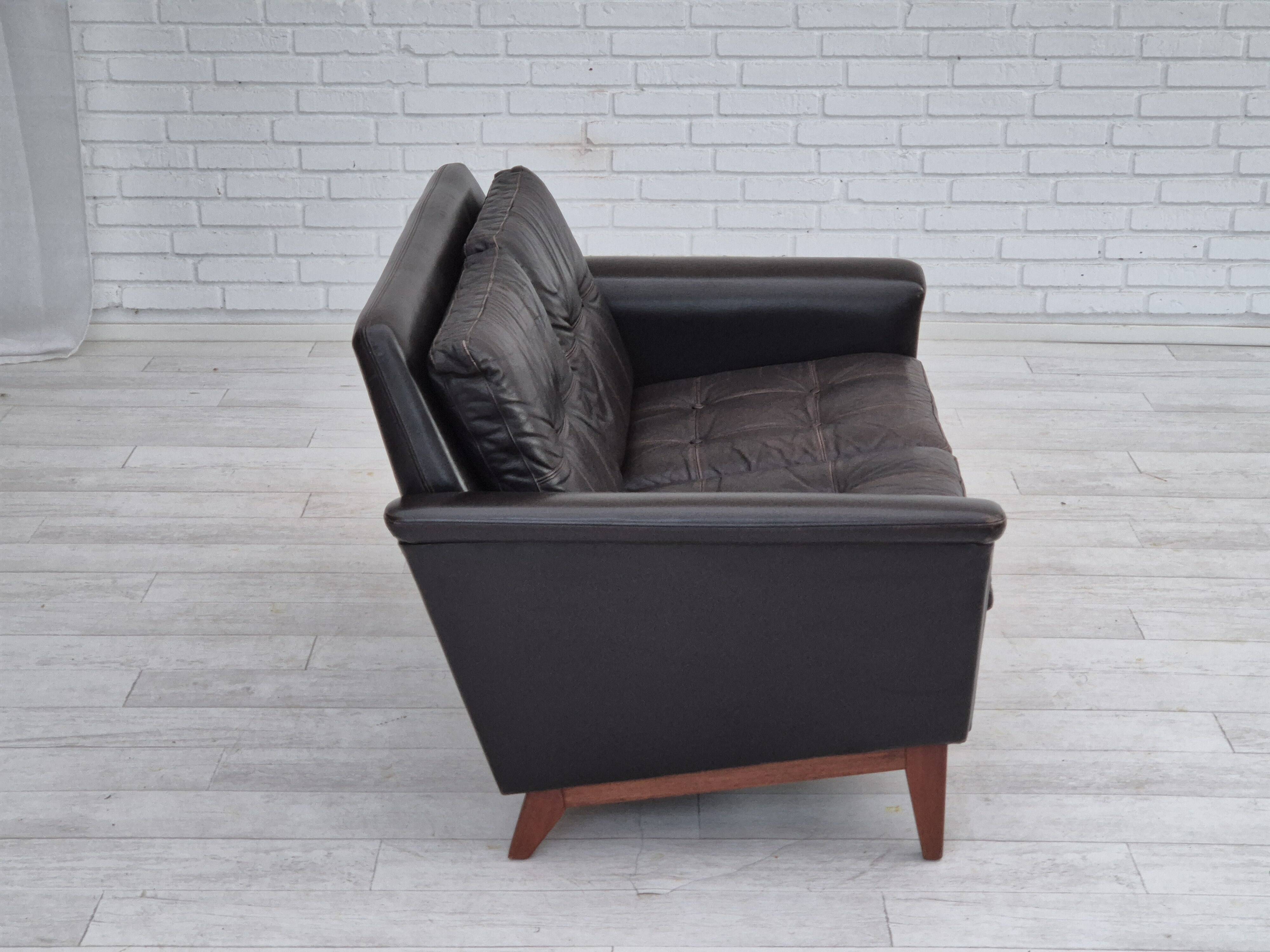 1970s, Danish 2 seater sofa, original condition, furniture leather, solid teak wood.