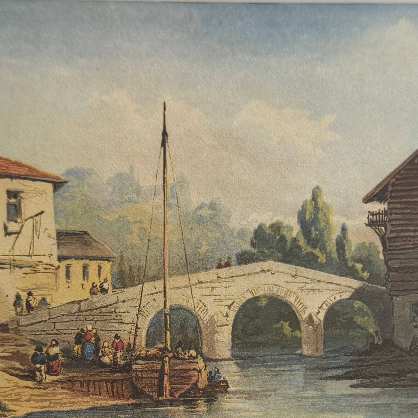 Watercolor on paper boat anchored near a bridge 19th century gilded frame