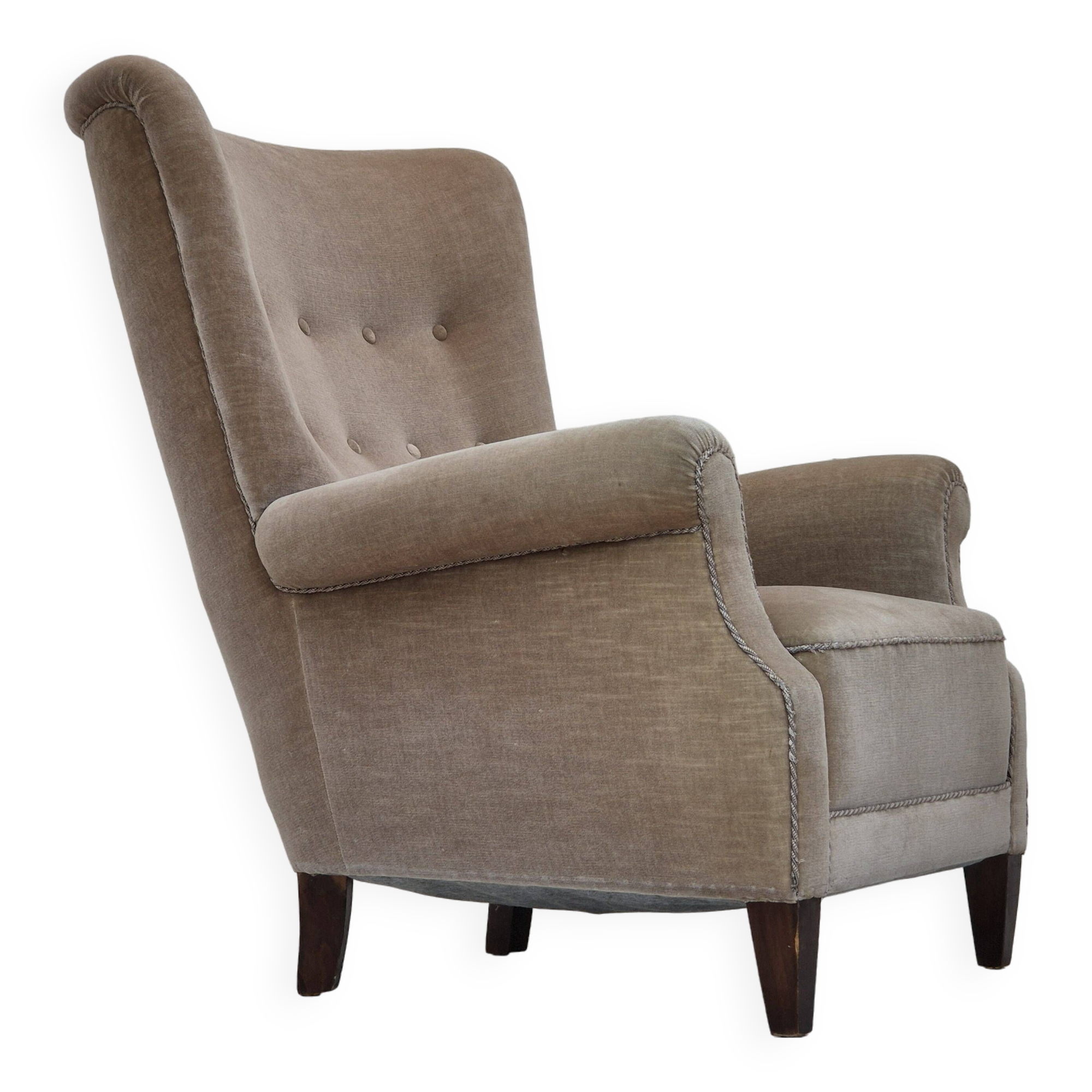 1970s, Danish highback armchair, original condition, furniture velour, bech wood.