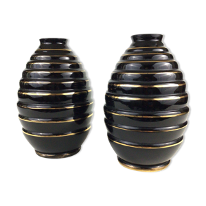 Paire de vases en verre noir doré art déco Ferjac