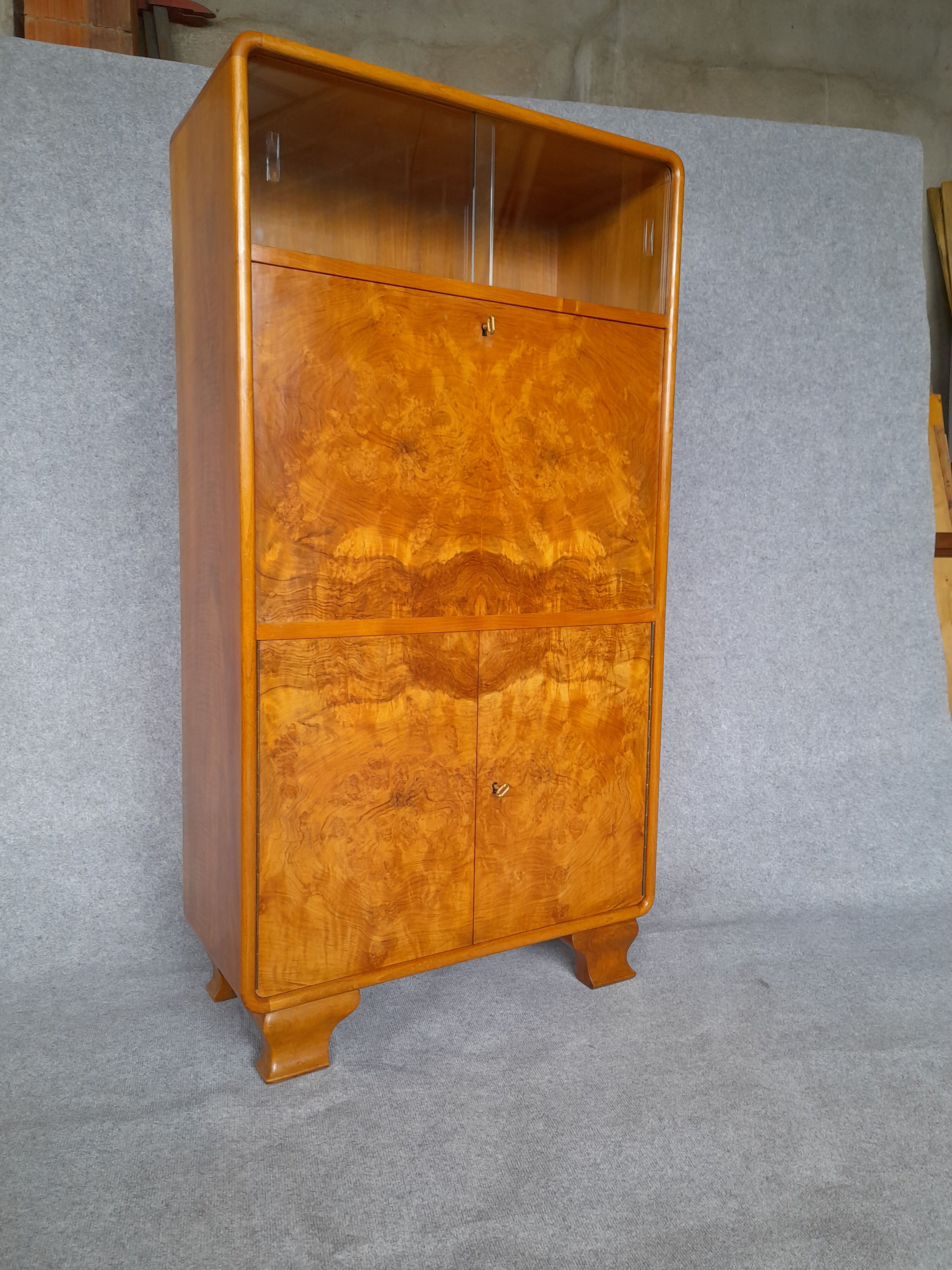 Art Deco secretary in walnut and walnut bramble