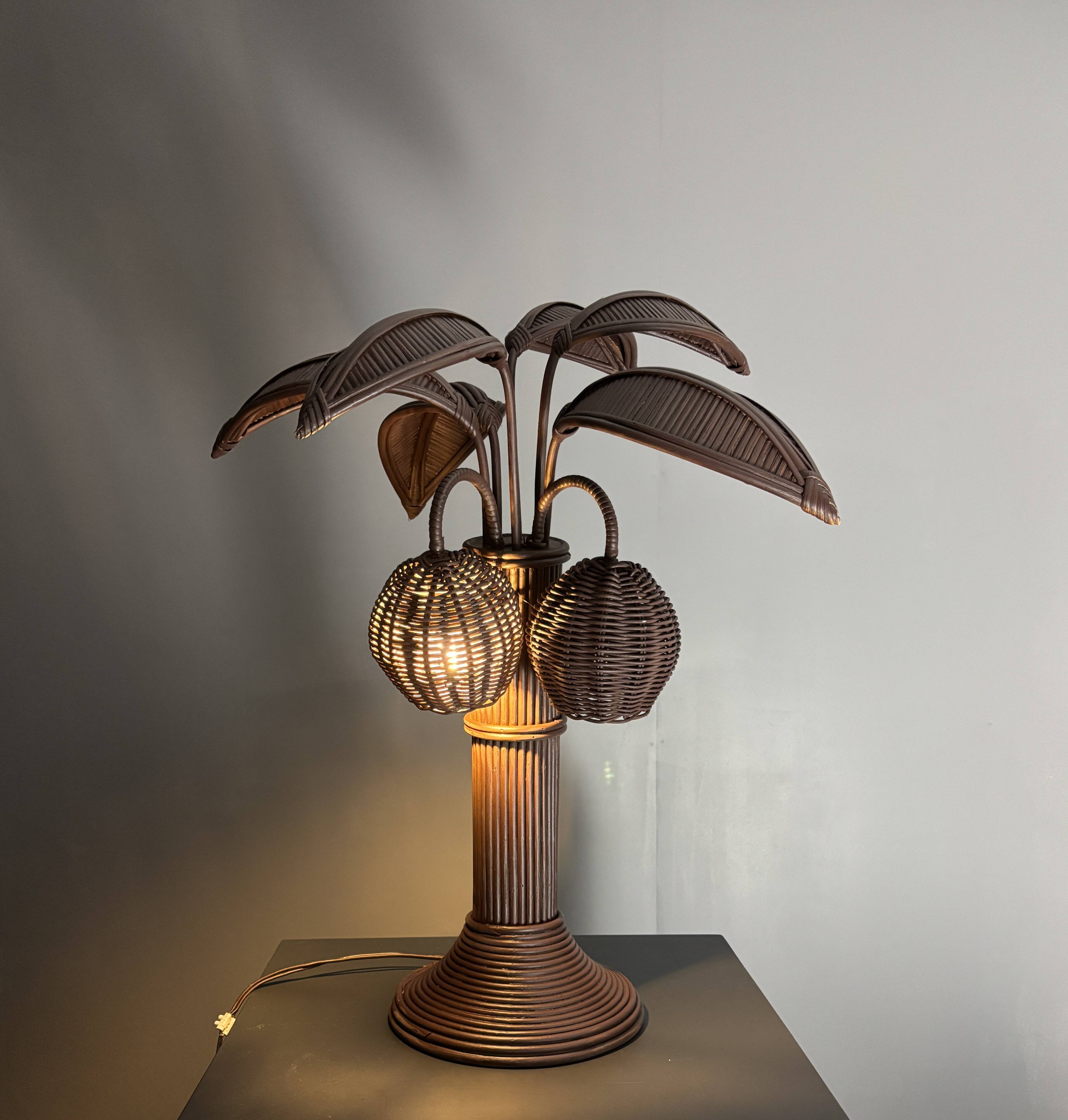 Pencil reed rattan bamboo palm tree coconut table lamp Maro Lopez style 70s