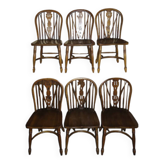 Set of 6 mid century solid oak lyre-back Windsor chairs, 1960s