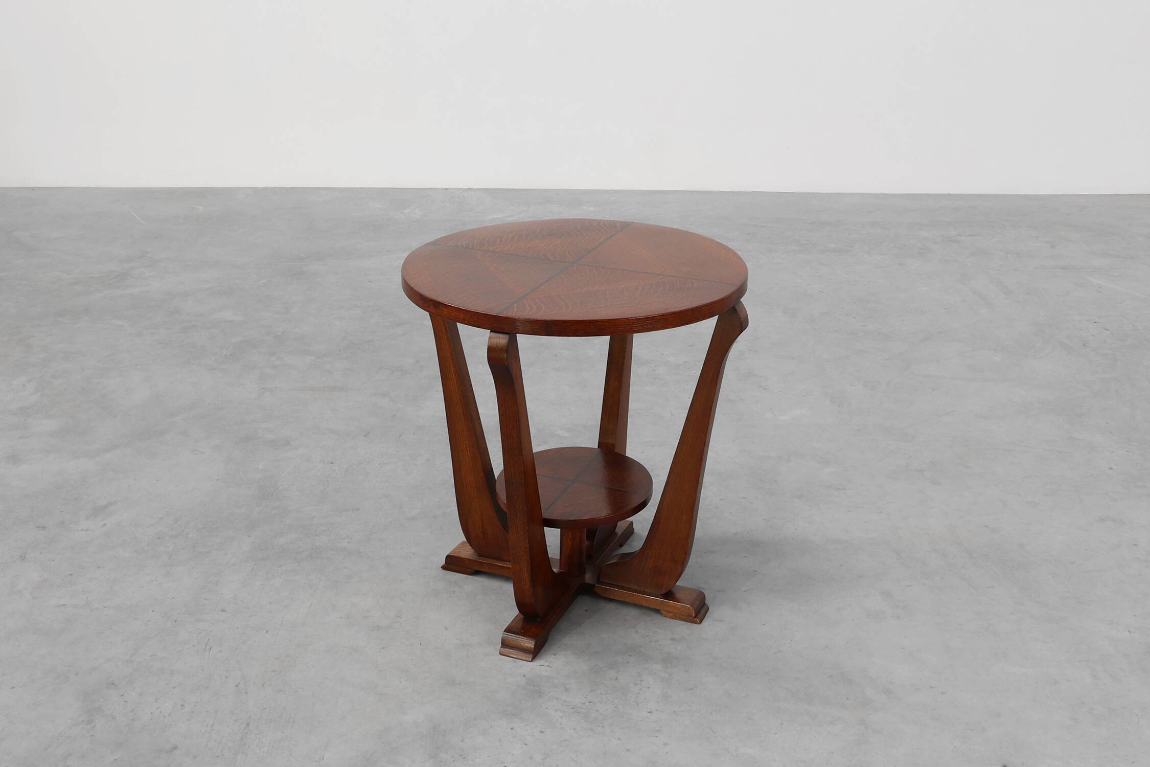 Art Deco Oak Side Table with Sculptural Base and Geometric Top, Belgium ca.