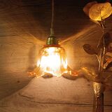 Amber tulip glass portable lamp, golden braided cord.